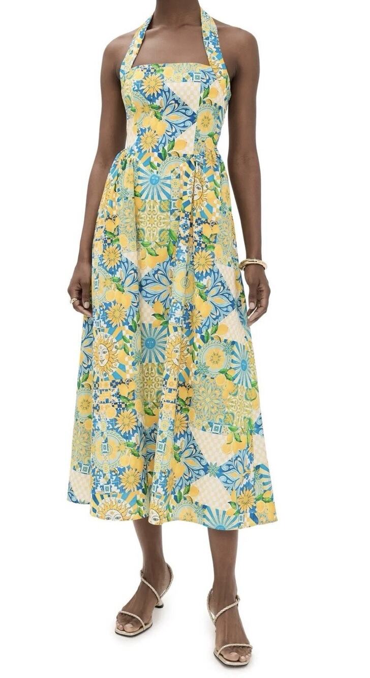Seven Wonders A Line Midi Corset Dress XS Lemon Sun Tile Print Amalfi Resort